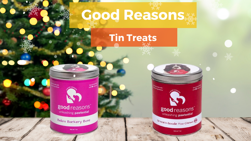 Our Good Reasons Dog Treat Tins are a Great Holiday Gift.